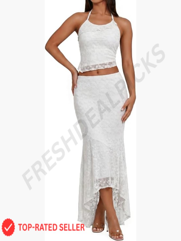 2 Piece Outfit Ruffle Trim Halter Crop Top Low Rise Maxi Skirt Set Y2k
